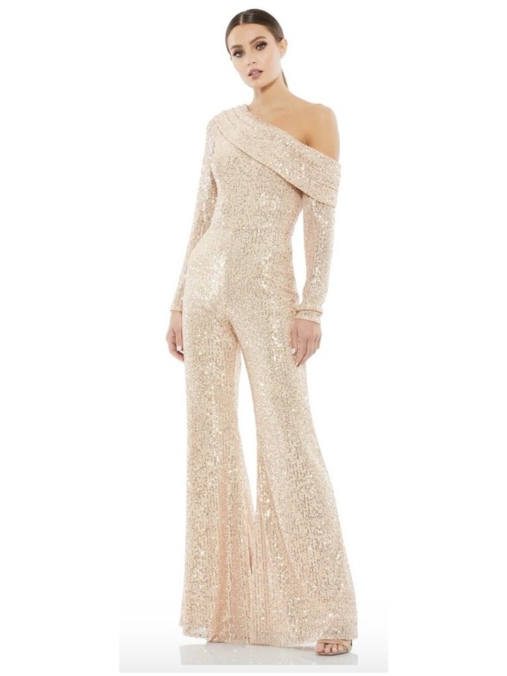 Mac Duggal Jumpsuit Womens Size 8 Sequined Asymmetrical Neckline 26596